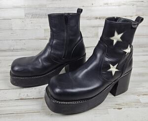 Vintage Y2K DESTROY EU 43 Black Leather Platform Boots Star Goth Grunge Chunky